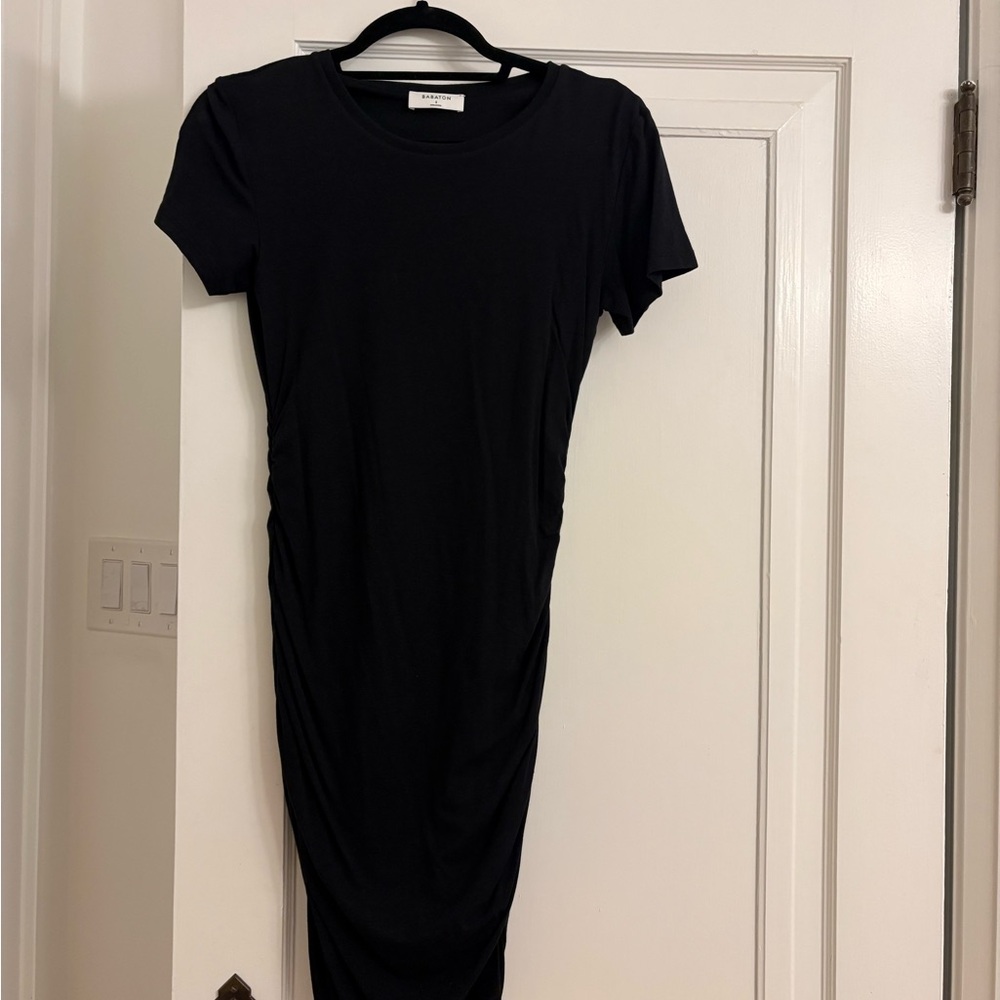 Black Short-Sleeve Ruched Midi Dress